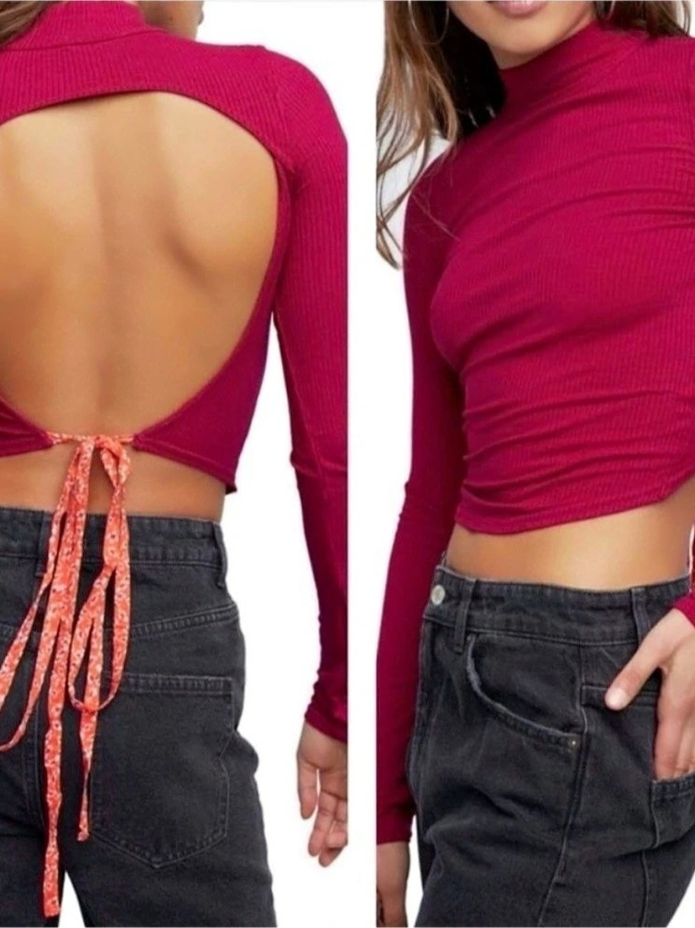 Free People Edge Of Town Open Back Crop Top Ribbed Mock Neck Size Small